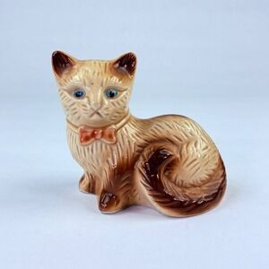 Vintage Ceramic Cat Figurine Brown Cream Bow Tie Made in Brazil Blue Eyes 4 inch